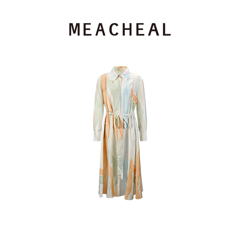 MEACHEAL米茜尔 春新款春之迹时尚休闲晕染印花桑蚕丝系带连衣裙