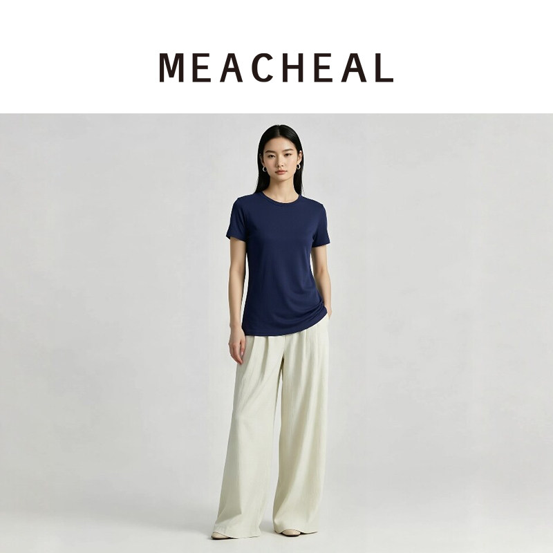 MEACHEAL米茜尔2026夏季新款莱赛尔短袖墨蓝色圆领简约百搭T恤图片