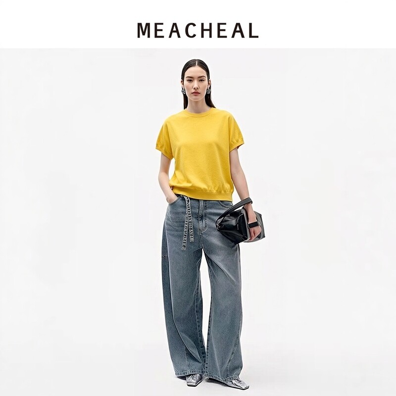 MEACHEAL米茜尔夏季新款蝙蝠袖针织短袖显瘦纯色落肩橘釉色T恤图片