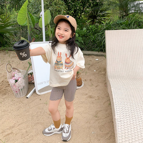 女童夏装卡通两只兔子短袖T恤