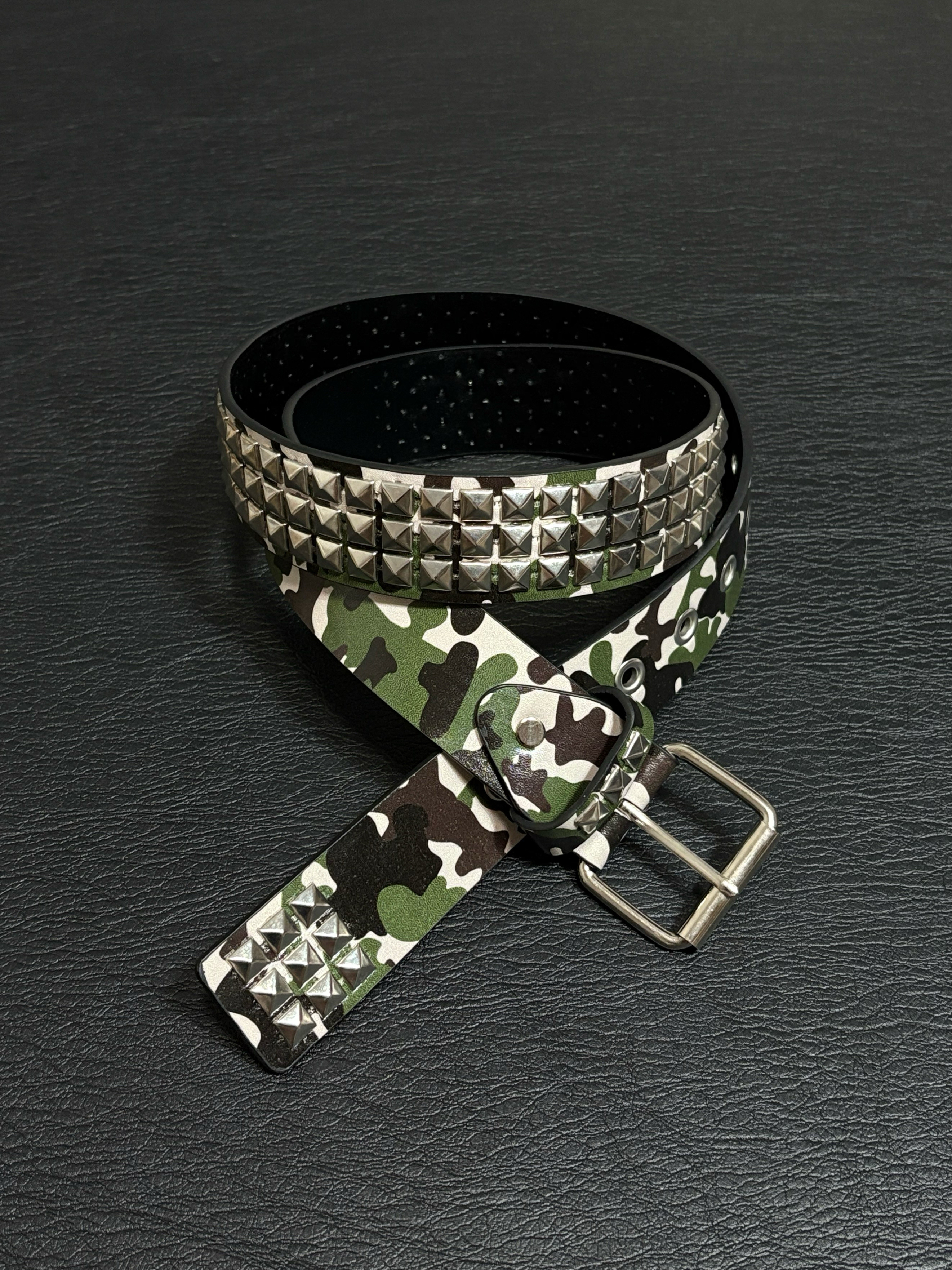 小心袖口「绿迷彩」Vintage中古银色铆钉腰带朋克y2k男女皮带配饰