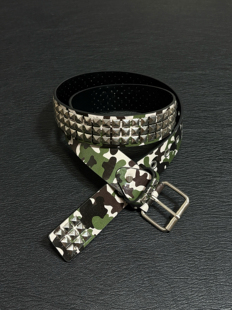 小心袖 口「绿迷彩」Vintage中古银色铆钉腰带朋克y2k男女皮带配饰