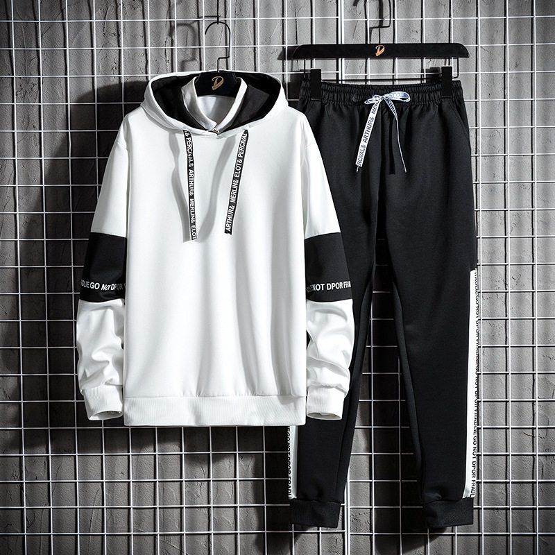 Knitted suit男秋季摇粒绒连帽卫衣两件套韩版修身九分裤运动