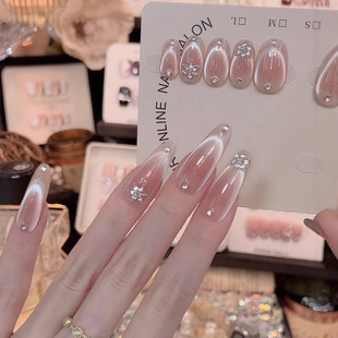 手工穿戴甲纯欲月光裸色猫眼雪花锆石爆闪高级感美甲贴 明镜台