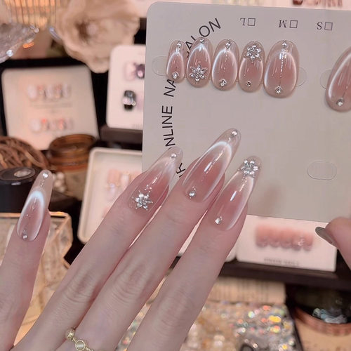 【明镜台】手工穿戴甲纯欲月光裸色猫眼雪花锆石爆闪高级感美甲贴