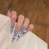 「燕尾蝶」温柔手工穿戴甲高级感爆闪法式 蓝色蝴蝶超长款 猫眼美甲