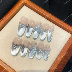 冰川蝶纯手工清新蓝色法式猫眼蝴蝶拼钻穿戴甲轻奢纯欲显白美甲