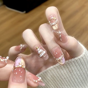 手工穿戴甲圣诞节限定猫眼渐变温柔圣诞树甜美风美甲 星愿圣诞