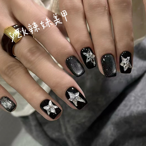 【漫天繁星】璀璨星空猫眼纯黑星星高级感显手白纯手工穿戴甲