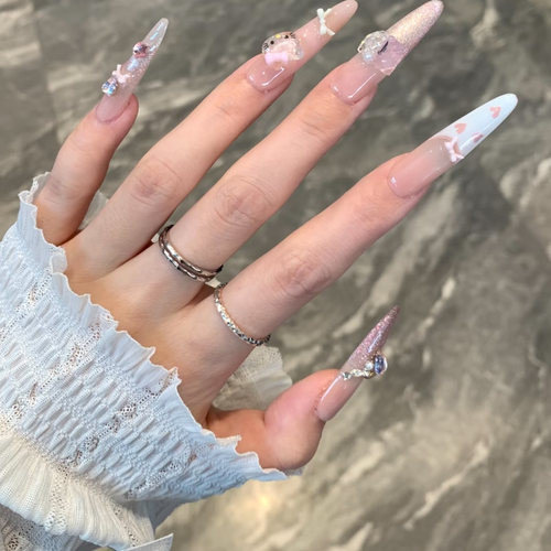 【甜心kitty】手工穿戴甲ins粉色kitty少女心法式爱心蝴蝶结美甲