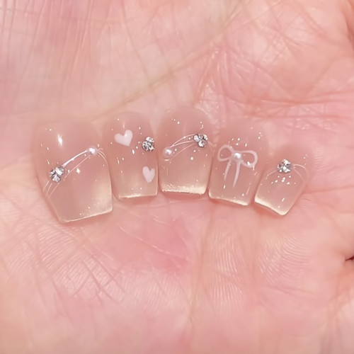 手绘腮红蝴蝶结渐变冰透猫眼美甲高级显白堆钻少女心纯手工穿戴甲