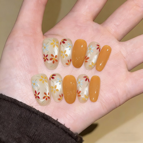 【锦上添花】纯手工穿戴甲春夏温柔多巴胺小花猫眼显白短款美甲贴