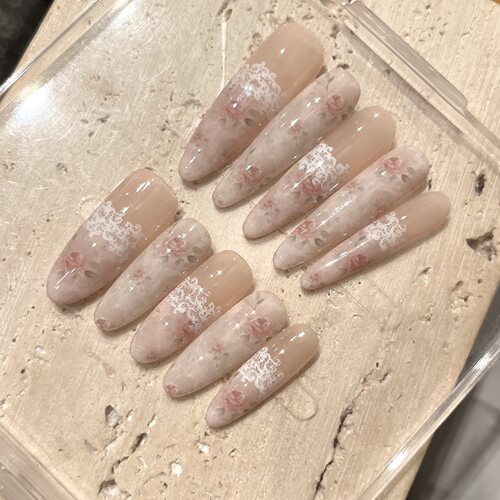 【白蔷玫瑰】纯手工穿戴甲复古玫瑰裸色轻奢蕾丝纯欲温柔风美甲贴