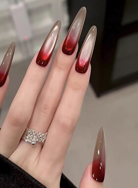 ins甜辣韩系红色渐变玻璃珠猫眼纯手工穿戴甲辣妹y2k显白美甲超长