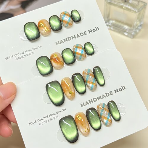 琥珀格纹纯手工穿戴甲气质显白青色猫眼秋冬款高级感美甲贴片短款