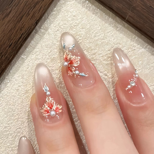 【珐琅簪花】彩绘新中式显白手工穿戴甲渐变蜜桃色猫眼金边小花