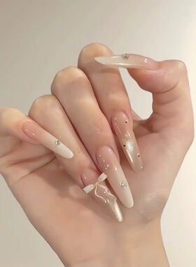 温柔千金法式乳白夏日气质水光美甲猫眼蝴蝶结显白手工穿戴甲高级