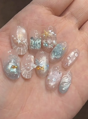 ins夏日海洋风手绘蓝色猫眼纯手工穿戴甲可爱小鱼高级感短款美甲