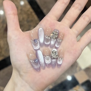 【岚山雪】手工穿戴甲清透梦幻仙气薰衣草紫色微笑猫眼温柔风显白