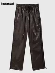 Nerazzurri Leather Pants for Men, American Style Pants with Drawstring Elastic Waist, Long Pants with Soft Cuffs, Drawstring Pu Leather Pants