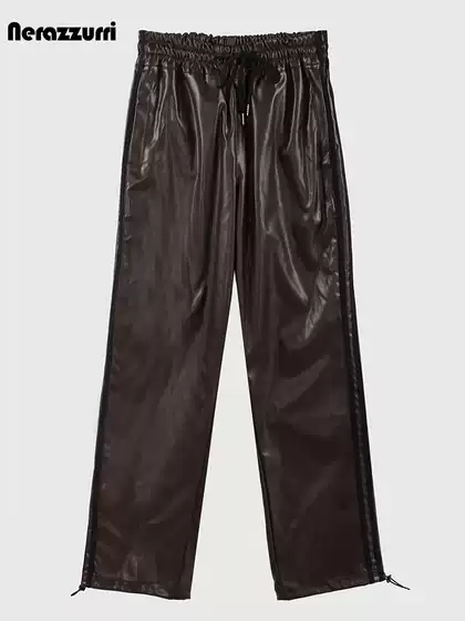 Nerazzurri Leather Pants for Men, American Style Pants with Drawstring Elastic Waist, Long Pants with Soft Cuffs, Drawstring Pu Leather Pants