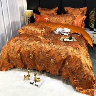 简约轻奢豹纹橙色高端六件套 140支贡缎全棉长绒棉被套床笠四件套