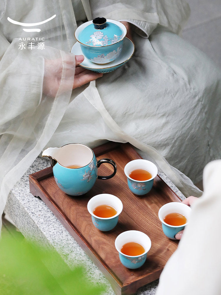 永丰源 水墨牡丹7头8头陶瓷功夫茶具 高档茶壶盖碗茶壶茶杯 礼盒
