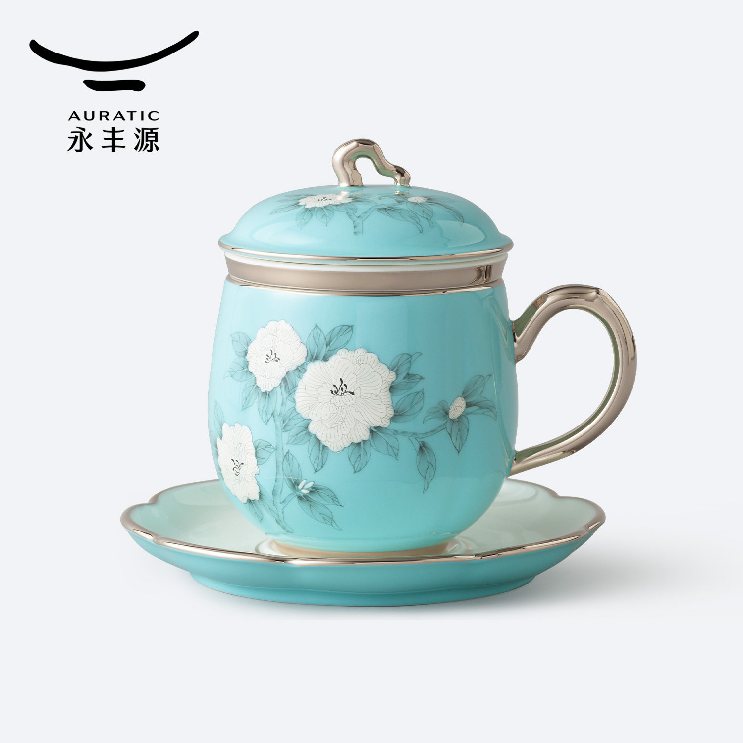【高档礼物】永丰源手绘蓝四件套盖杯陶瓷轻奢会议茶杯水杯礼盒装