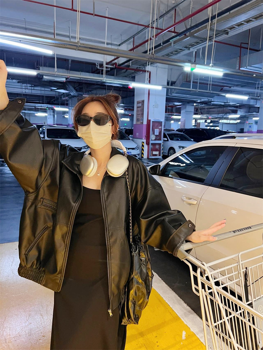 2023秋新款廓形设计感pu复古黑色皮衣外套女夹克上衣