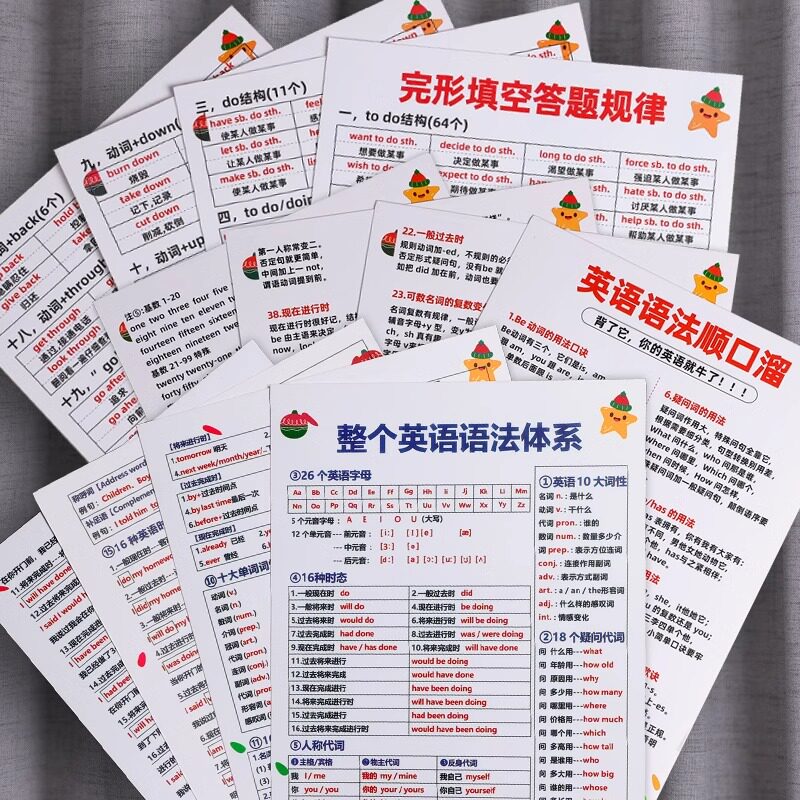 英语语法体系卡片知识点汇总大全小学生初中生高频词背诵益智训练