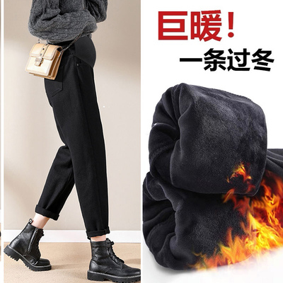 孕妇牛仔裤秋冬外穿加绒加厚黑色哈伦老爹裤怀孕期托腹长裤春秋款