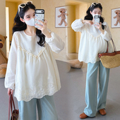 春秋雪纺衫 孕妇上衣减龄V领蕾丝绣木耳边拼接甜美娃娃衫 新款 春季