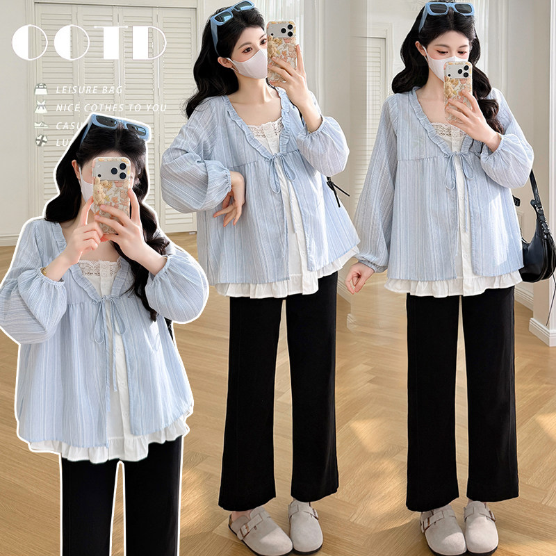 春季孕妇上衣新款韩版宽松假两件设计感木耳边衬衫春夏长袖娃娃衫
