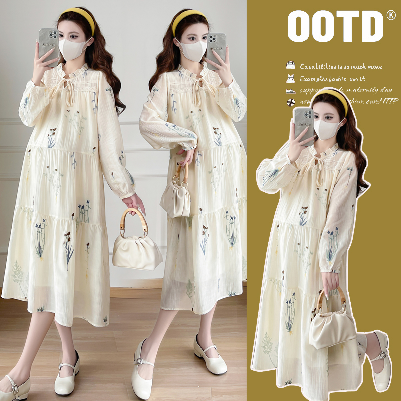 春季潮妈甜美法式花朵重工刺绣气质收腰慵懒宽松雪纺孕妇连衣裙子