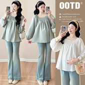 衬衫 孕妇装 法式 方领褶皱甜美减龄娃娃衫 棉麻上衣女 秋季 春秋款 新款