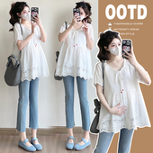 韩版 孕妇装 百搭圆领短袖 绣花娃娃衫 女孕妈妈遮肚上衣 夏季 衬衫 新款