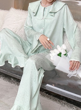 春季新款女家居服丝绸高级感冰丝提花缎面轻奢荷叶边睡衣套装夏天