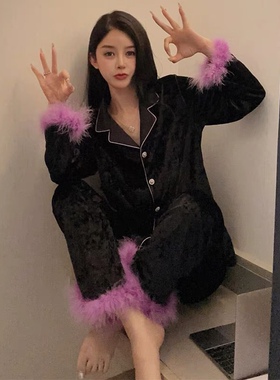 金丝绒黑色睡衣女高级感时尚套装洋气时髦2023秋冬羽毛长袖家居服