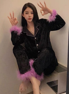 金丝绒黑色睡衣女高级感时尚套装洋气时髦2023秋冬羽毛长袖家居服
