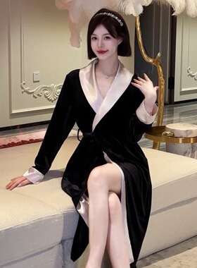 气质轻奢翻领浴袍纯欲系带睡袍丝绒长款外袍家居高级慵懒女士睡衣
