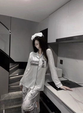 秋冬新款水墨印花金丝绒长袖睡衣套装女气质名媛家居服