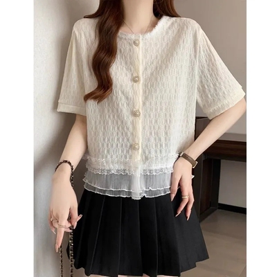 夏季小香风大码蕾丝短袖衬衫