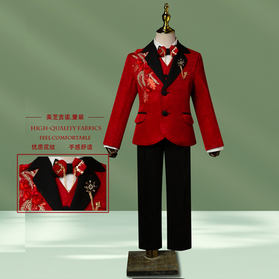 男童新款红色礼服演出礼服中大童红色礼服主持走秀表演钢琴演出服