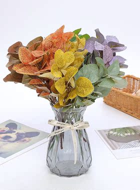 仿真花假花绿植婚庆装饰叶子植物墙配材5叉绢布尤加利桌面金钱叶