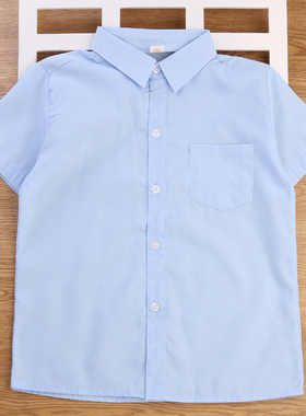 儿童衬衫浅蓝色男童夏款短袖纯白色衬衣夏季翻领中小学生校服童装