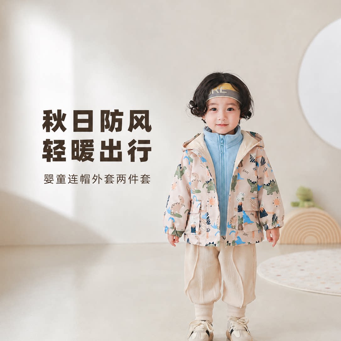 冬新款恐龙印花男童外套儿童加绒内胆冲锋衣防风防水宝宝上衣秋冬
