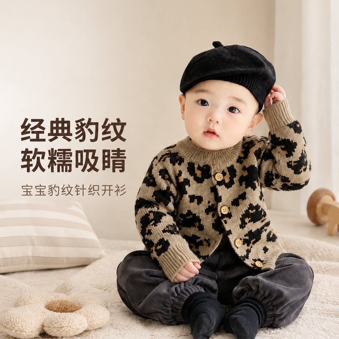 婴儿秋冬针织开衫2025新款男童豹