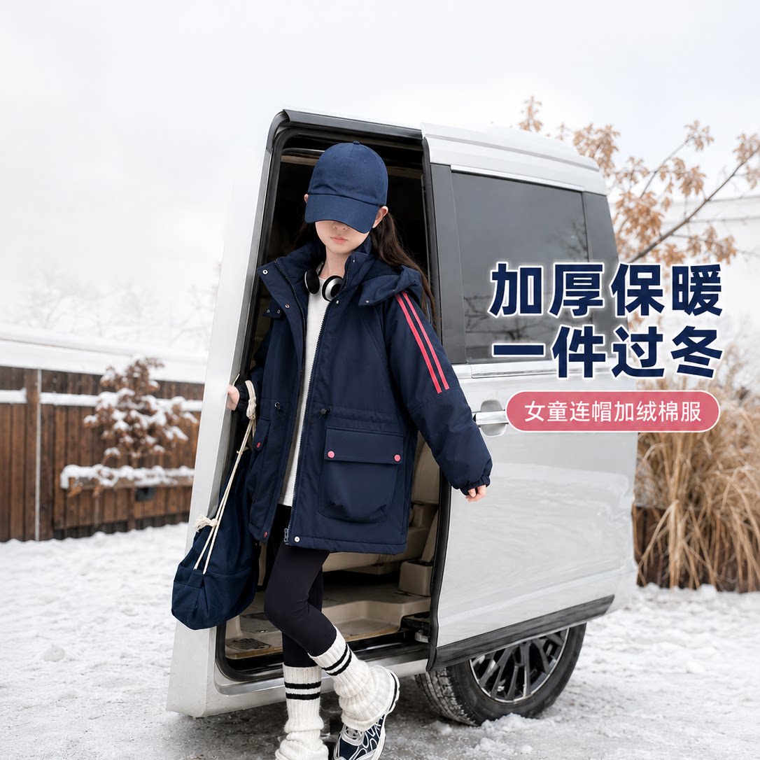女童加绒外套秋冬2025新款洋气冬装中大童女孩夹棉派克服棉服加厚