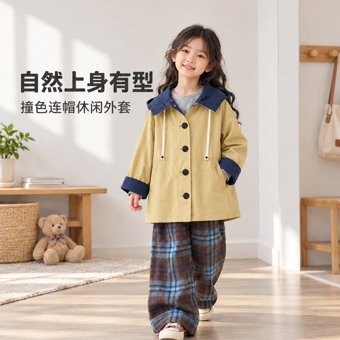 2026新款儿童外套儿童撞色连帽风衣外套男女通用春秋英伦风中大童