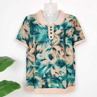 短袖t恤衫翻领烫钻妈妈装